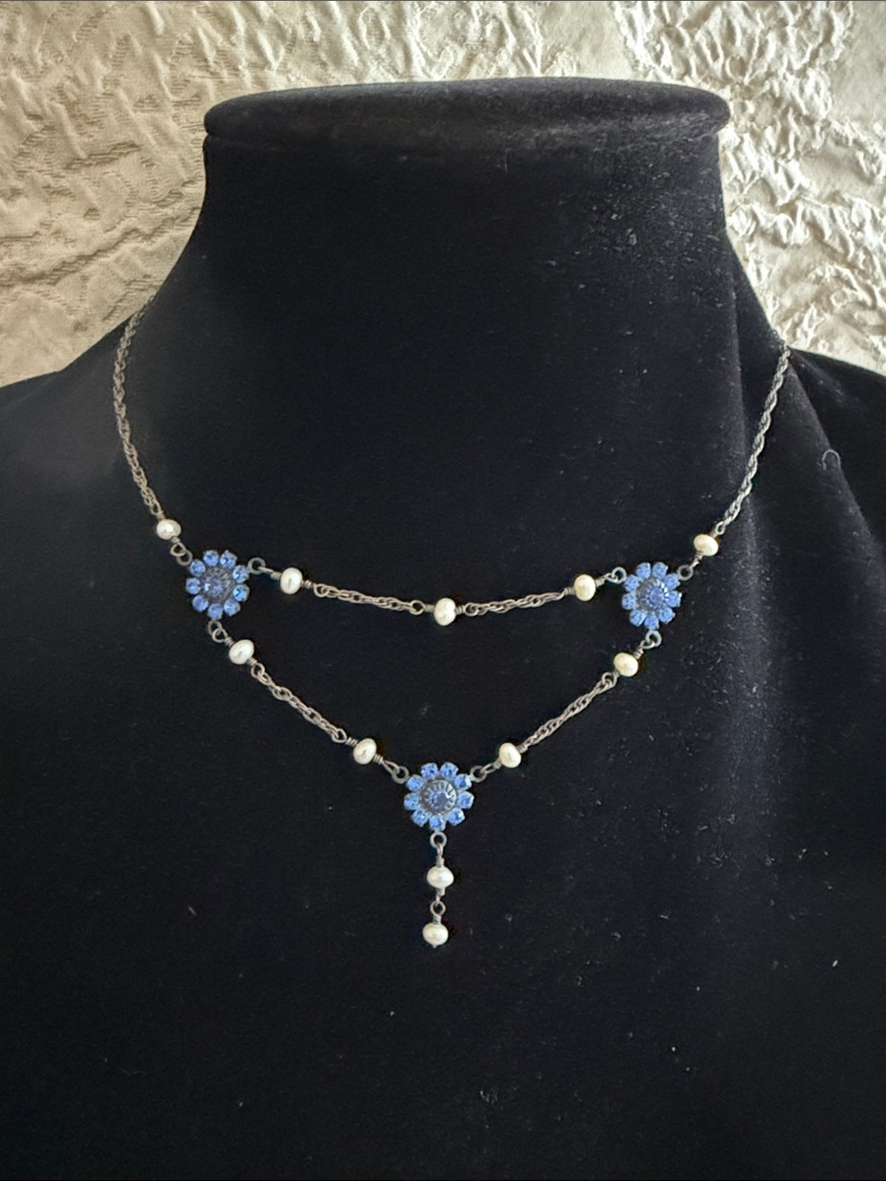 Crystal flowers fresh water pearls oxidized sterling silver romantic necklace